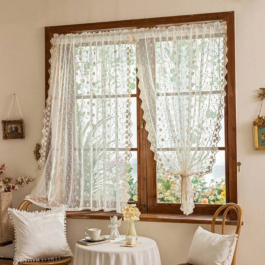 1 Panel Bohemian Floral Embroidery Summer Sheer Small Window Curtain, Rod Pocket Top Hanging, Suitable For Living Room, Bedroom, Kitchen, Balcony, Garden, Cottage, Window Decor - Beige - View 1