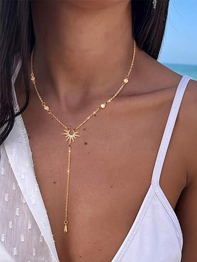 Fashion Y-Shaped Sun Pendant Necklaces For Women Girls Luxury Cubic Zirconia Long Tassel Dangle Choker Jewelry Gift