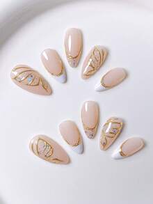 10pcs Handmade Autumn Nail Stickers, Short Nails, Almond Shape Nails, French Manicure, Gold Nails, White Nails, Pink Nails, Cute Nails, Handcrafted Gel, Decorated With Gold Butterfly Texture And Tripartite Texture, Asymmetric 3D Gold Edge French Manicure Nail Stickers, Gold Bow Decor On Nail Surface, Includes Nail Tools, Reusable Short Nail Stickers. - Gold - View 5