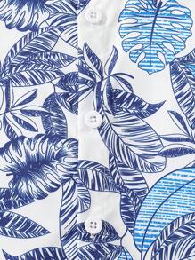 2pcs/Set Tween Boys' Hawaiian Vacation Tropical Leaves Print Short Sleeve Shirt And Shorts Set, Perfect For Summer Casual & Outdoor Wear