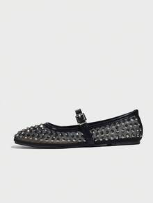 Black Crystal Hollow Out Thin Mesh Summer Ballet Flats With Rhinestone, Breathable, Suitable For Dress - Black - View 5