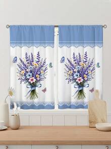 2pcs Romantic Butterfly Bouquet Short Curtain,Without Holes Curtain,Refer To Bedroom Office Kitchen Living Room Study Home Decor - Multicolor - View 5