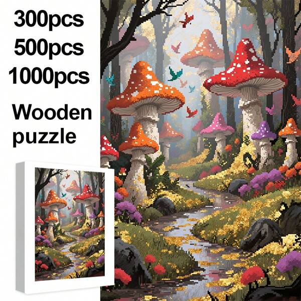 1000/500/300pcs Vertical Wooden Jigsaw Puzzle, Pixel Mushroom Forest, Fairy Tale Scenery. Improves Mood, Memory, Thinking And Manipulation. Suitable For Game Nights, Wall Decor, Best Holiday Gift.