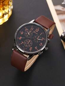 5入組休閒時尚仿三眼數字男士石英手錶和串珠手鍊套裝，送禮給他的理想之選 - 棕色 - 查看 3