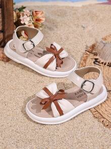 1 Pair Girls Woven Design Casual Soft Thick Sole Sandals, Suitable For 3-15 Years Old, Outdoor Walk, School, Home, Beach, Vacation - Red and White - View 2