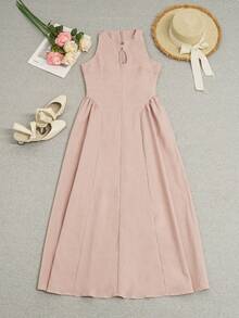 Váy bó eo cài nút 2025, Thiết kế mới thời trang xuân/hè, Váy midi đơn giản thanh lịch kiểu Pháp cho nữ, Thích hợp mặc đi làm, hẹn hò, đi làm, trang phục giáo viên, thường ngày - Hồng - Xem 3