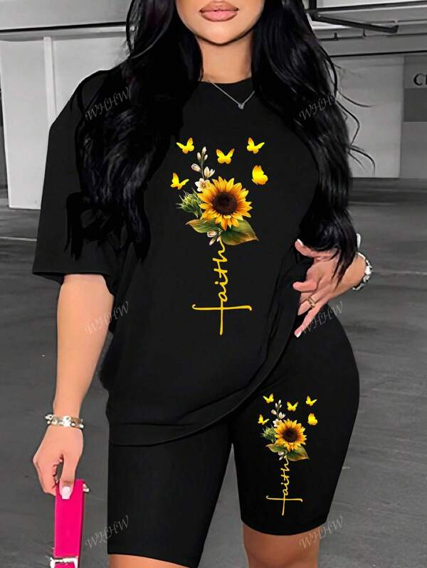 Women's Butterfly & Sunflower Print Round Neck Short Sleeve T-Shirt And Shorts Set