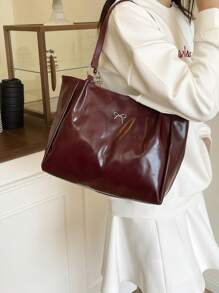 Women's Fashion Patent Leather Shoulder Bag, Butterfly Metal Decor, Lady Tote Bag For Work And Commuting