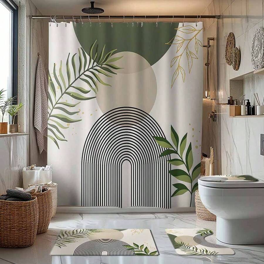 1/4 Stücke Set Salbeigrüner Boho Mittelalter-Themen Badezimmer Duschvorhang, Badematte, U-förmiger Toilettendeckel, wasserdichter Duschvorhang Badezimmer Dekoration, moderne Vorhangteiler, ohne Bohren, Polyester, maschinenwaschbar Schulanfang