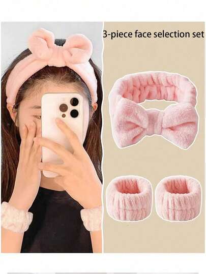 3件套旅行面罩套装，可重复使用，SPA头带和腕带，洗手带套装，吸水发带腕带（蝴蝶结头带、头带+腕带、毛巾腕带），多种颜色可选，化妆头带，纯色蓬松头带。