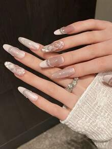 [10pcs Pink Diamond False Nails] 10pcs Handmade Pink Polka Dot Pearl Chain Diamond Grid False Nails Gentle Sweet Cat Eye French Wear Nails For Daily Dating Festival Medium Long Trapezoidal Detachable Suitable For Nail Art DIY Enthusiasts Ladies And Girls As Gifts