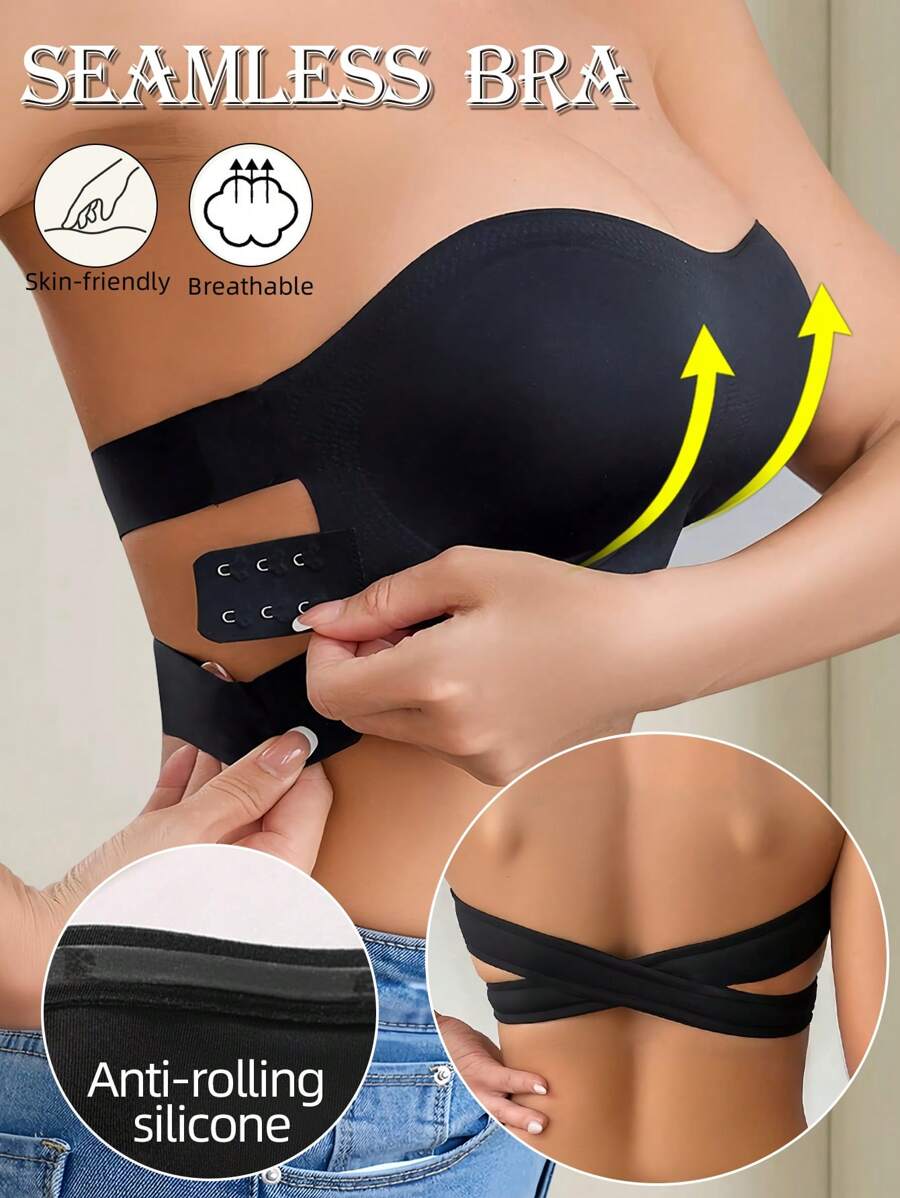Seamless Push Up Bra Women Wireless Tube Top Underwear Strapless Criss-Cross Back Side Closure Bralette Black Basics Traceless Bandeau Brassiere Adjustable Backless Bandeau Intimates