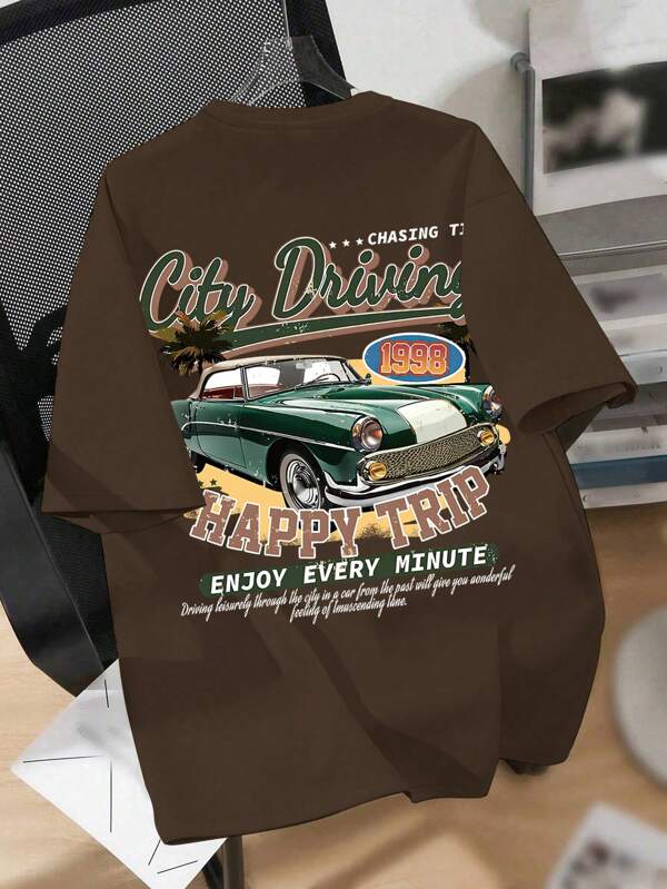 Tween Boy Cartoon Car And Slogan Print Crew Neck T-Shirts Summer Boy's Casual Tee Soft Tops