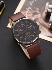 5入組休閒時尚仿三眼數字男士石英手錶和串珠手鍊套裝，送禮給他的理想之選 - 棕色 - 查看 4