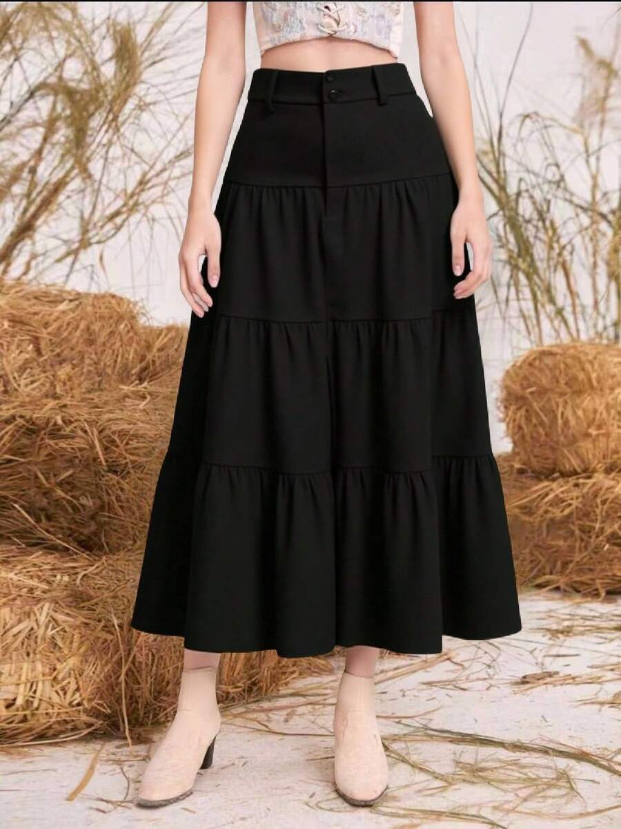Liu Fashion Women's Solid Color Single-Row Buttons Holiday Casual Long Skirt Elegant Beachwear - màu đen - Xem 1