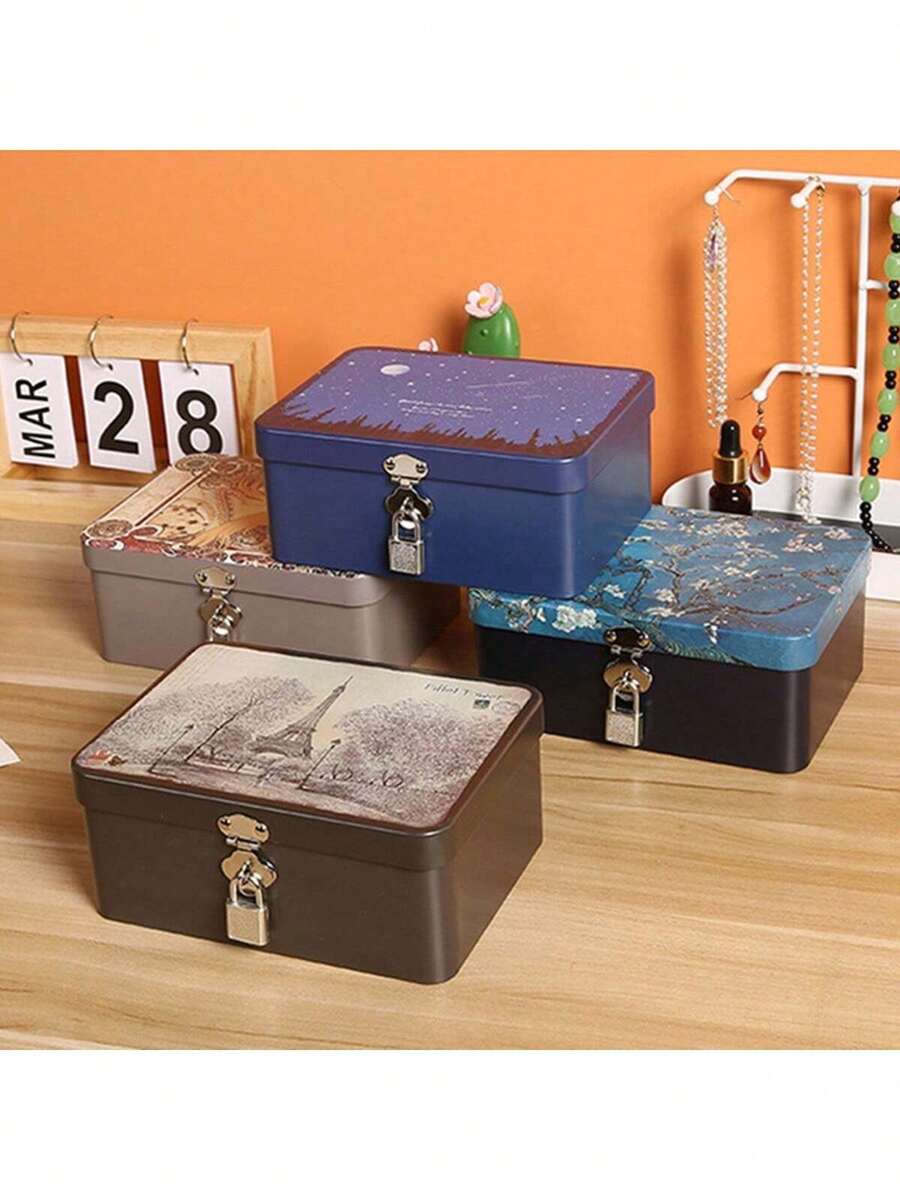 1 hộp đựng đồ để bàn có khóa, hộp kim loại nhiều màu đựng trang sức và mỹ phẩm, màu ngẫu nhiên cho phụ nữ, vật dụng lưu trữ du lịch thiết yếu cho ngày lễ, trang trí mùa thu Halloween - Nhiều màu - Xem 1