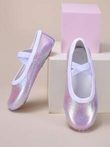 儿童室内训练鞋，舞蹈表演鞋，有光泽，耐脏，耐磨，全弹力面料软底，舒适，防滑，松紧带免系带芭蕾舞鞋，四季皆宜 - 粉色 - 查看 3