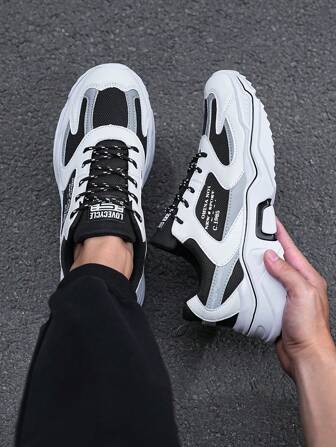 1 Pair Men's New Fashion Casual Sports Sneakers, Comfortable Breathable Knit Upper, Platform Lace-Up Round Toe, Couple Chunky Sneakers, Versatile For Indoor & Outdoor, All Season