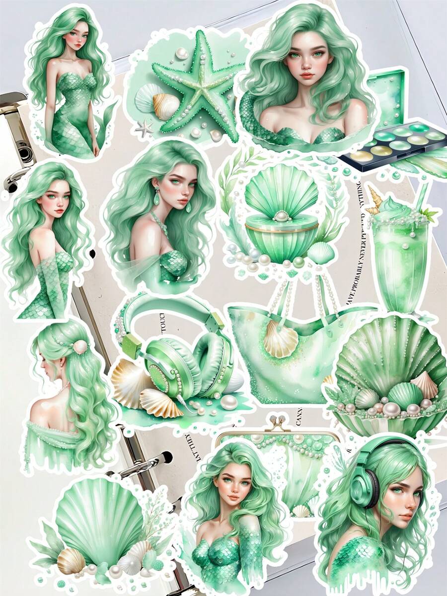 17/18 piezas Conjunto de pegatinas de buceadora de dibujos animados en acuarela/Sirena moderna en acuarela menta, para decorar artículos de papelería, cuadernos, planificadores, fundas de teléfono, equipaje, guitarras, botellas de agua