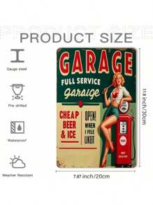 1pc Vintage Full Service Garage Metal Tin Sign, 8x12inch Retro Iron Wall Art With Pin-Up Style Woman & Gas Pump Design, Durable & Easy To Hang, Perfect For Home Bar, Cafe, Office Decor Or Gift, Metal Wall Art Decor, Perfect For Room Decor