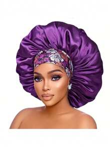 1 pieza Gorro de seda para dormir de mujer con ala ancha, banda elástica y estampado aleatorio, gorra suave de seda para cabello rizado