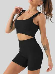 Aaseow Conjunto de 2 peças: Sutiã esportivo feminino sem costura com bojo removível e suporte médio, e shorts de ioga sem costura de cintura alta. - Preto - Ver 4
