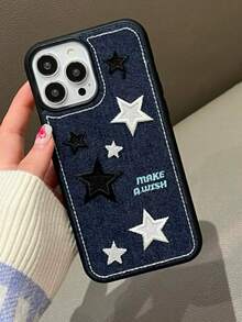 Niche Denim 刺绣星星设计 16 Pro Max 13 12 15 Pro 柔软硅胶手机壳适用于 Apple 11 XR 8 Plus，个性化防摔保护套，适合女性防水防震防刮 - 藍色 - 查看 2