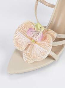 Sandalias de verano para mujer con patrón de flor de lirio 3D, correa cruzada de rayas clásica, tacón grueso elegante de dedo abierto, tela de unicolor de alta calidad, elegantes para discoteca, fiesta, viaje al aire libre, cómodas y elegantes zapatos de tacón alto en color albaricoque