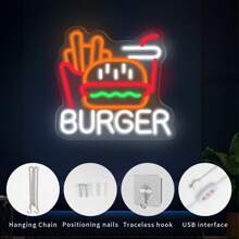 FOMZZE Hamburger & Pommes Neon Schild für Wanddekoration, Hamburger Pommes LED Neonlicht Gewerbezeichen für Zuhause, Restaurant, Bar, Männerhöhle, Raumdekoration, USB kompatibel mit Laptop