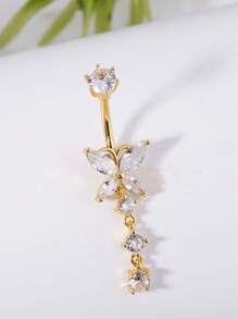 1 Pc Copper Material Butterfly Style Long Navel Ring, Silver Zirconia Inlaid