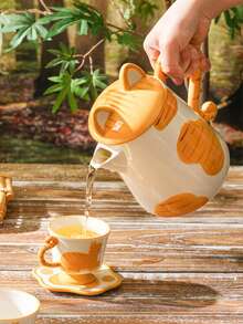 1pc Cute Cat Design Ceramic Tea Set, Including Teapot, Cups And Saucers, Ideal For Afternoon Tea, Coffee, Gift - Multicolor - View 8