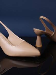 1双杏色尖头高跟凉鞋，青少年款，纯色PU拼接材质，弹性踝带，细高跟，奢华时尚凉鞋，适合日常、旅行、派对、工作穿着，夏季新品 - 杏色 - 查看 6