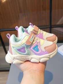 1pair Spring/Autumn Fashion PU Patchwork Dopamine Color Hook & Loop Children Sports Shoes, Anti-Slip Soft Sole Girls Sneakers