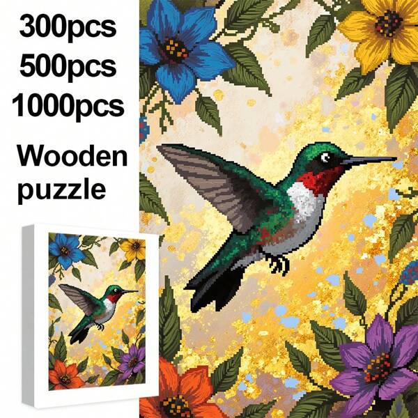 Rompecabezas de madera vertical de 1000/500/300 piezas, diseño de colibrí y flores, pintura rural por píxeles, para mejorar el estado de ánimo y la memoria, potenciar el pensamiento y la destreza, juego desafiante para la noche, decoración de pared interior, mejor regalo para fiestas