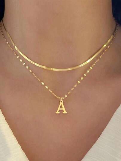 2 件不锈钢项链，26 个金银字母，欧美时尚风格，批发珠宝
