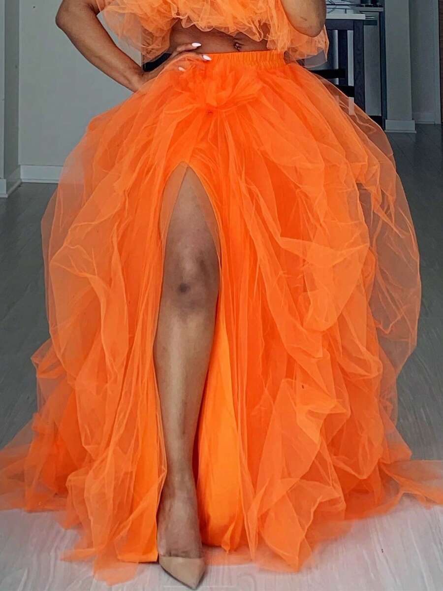 Women's Tulle Maxi Skirt Floor Length Layered High Waist Split Skirt A-Line Puffy Mesh Tutu Skirt For Wedding Party - 橘色 - 查看 1