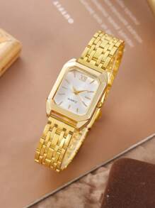 1 pieza Reloj de pulsera de mujer elegante y casual de negocios con esfera pequeña de números romanos, correa de metal cuadrada, cuarzo, acero, adecuado como regalo para volver al colegio, cumpleaños, aniversario, Halloween