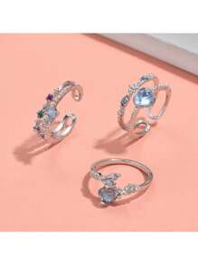 3pcs Fashion Jewelry Luxurious Multilayer Rhinestone Heart & Flower Stackable Open Ring, Suitable For Women's Daily Wear