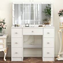 Favourite Gift White 11 LED Mirror Vanity Set Makeup Table Dressing Table W/Bulb And 7 Drawer Dresser - White - View 1