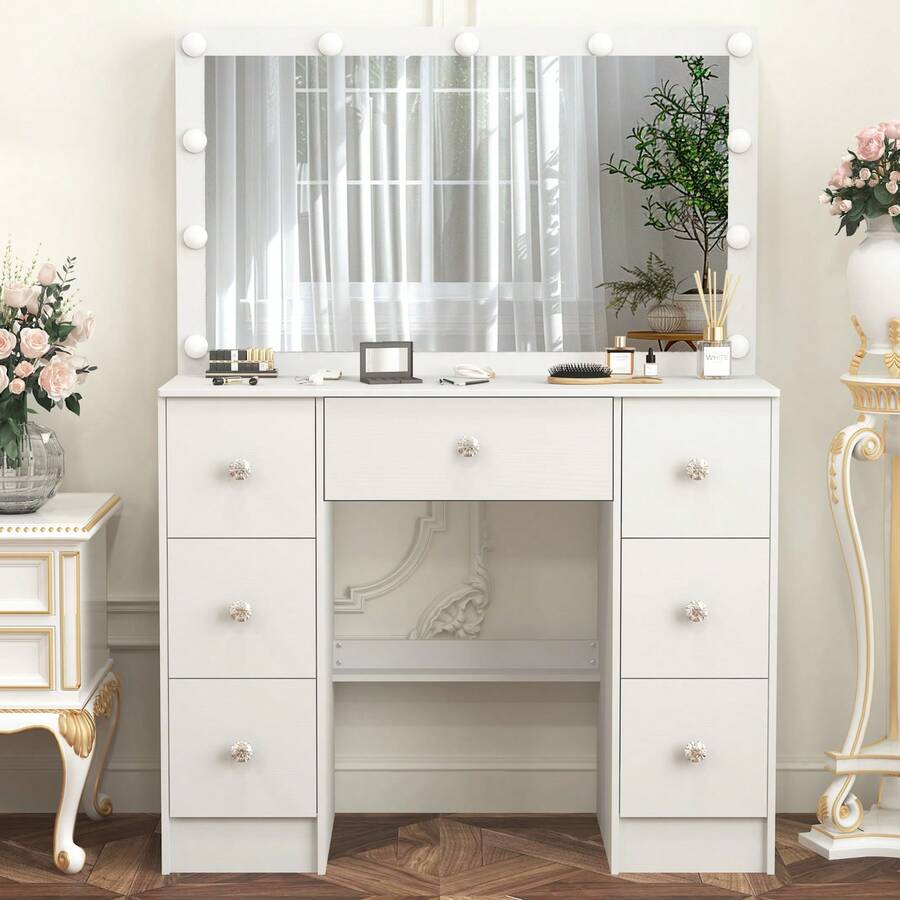 Favourite Gift White 11 LED Mirror Vanity Set Makeup Table Dressing Table W/Bulb And 7 Drawer Dresser - White - View 1