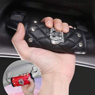 1 pieza Accesorios para automóvil con diseño de corona, Funda brillante de strass para palanca de freno de mano, Funda para asa de techo, de piel sintética, Funda para asa interior, Accesorios decorativos interiores para mujeres
