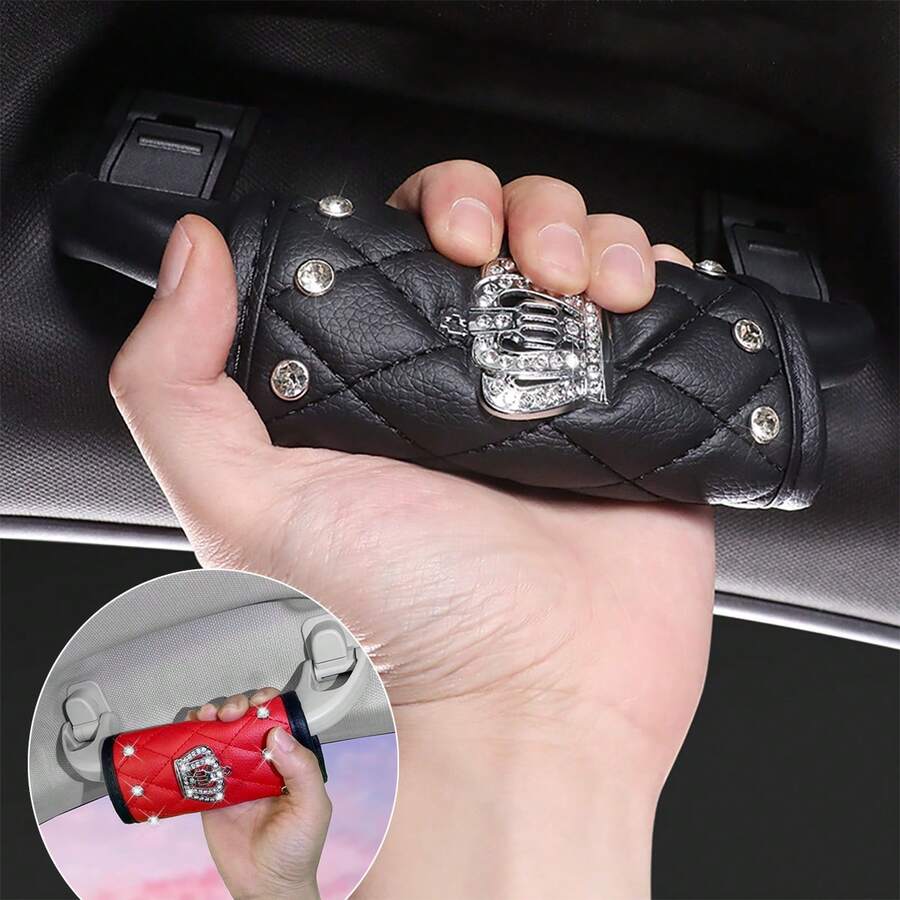 1件裝皇冠圖案亮鑽車用手煞車蓋、車頂拉手套、PU皮革車把手套，女性車內裝飾配件