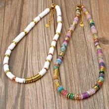 Colar de concha natural simples estilo boho com contas de ágata vermelha + colar de contas de pedra natural de alta qualidade com dopamina multicolorida, colar feminino de estilo doce e moderno, gargantilha que não desbota
