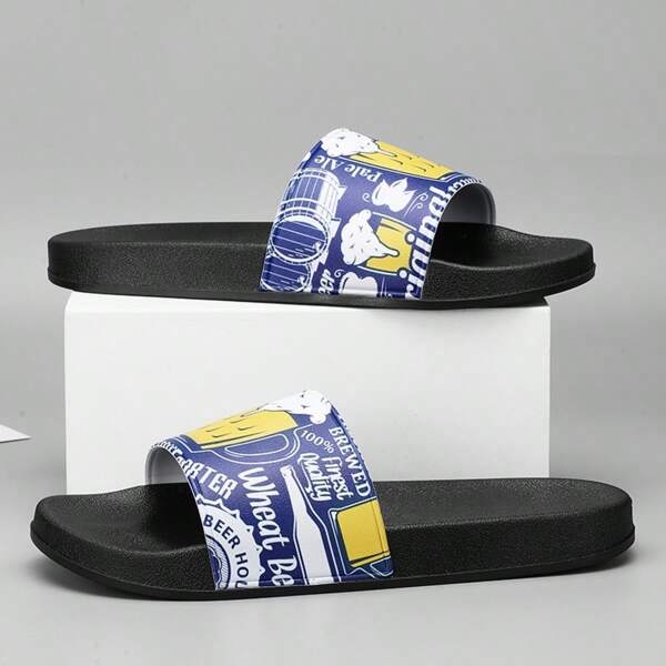 Summer Men's Graffiti Print House Slippers, Indoor Outdoor Beach Strap Casual Flip Flops, Black Soft Sole Couples Thong Sandals [Graffiti Pattern Random]