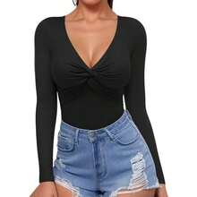 Wrap Bodysuit With Front Detail, Deep Neckline, Long Sleeves - Black - View 5