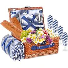 Cestino Picnic 4 Persone, Cesto Picnic Vimini con Coperta Impermeabile e Set di Posate, Set Pic Nic 4 Persone per Campeggio, Cestino Pic Nic Vimini (Blu)