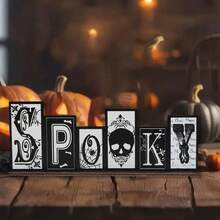 1 buah Dekorasi Meja Halloween, Hiasan Tengah Meja Kayu Berbentuk Hantu dan Kerangka - Desain Kastil dan Kelelawar, Sempurna untuk Dekorasi Meja Halloween dan Hadiah Unik - MultiWarna - View 2