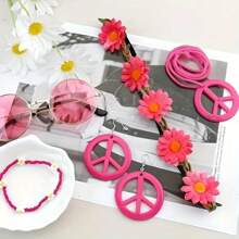 Ensemble d'accessoires de style hippie turquoise incluant des lunettes, un bandeau, un collier avec symbole de paix et des boucles d'oreilles, pour femmes pour Halloween