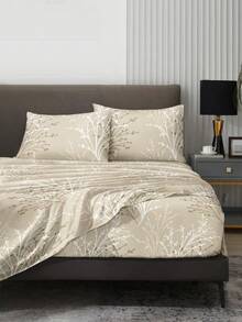 4 件卡其色植物叶子图案床单套件，易于护理超细纤维柔软床上用品套件，床笠套件（1 件床单+1 件床笠+2 个枕套），床笠套件，特大号双人床，全尺寸床单，深口袋，最大 11.8 英寸枕套，柔软透气防皱，更适合睡眠，豪华酒店风格，送给妈妈爸爸朋友的礼物，宿舍床上用品，回到学校 - 卡其色 - 查看 2