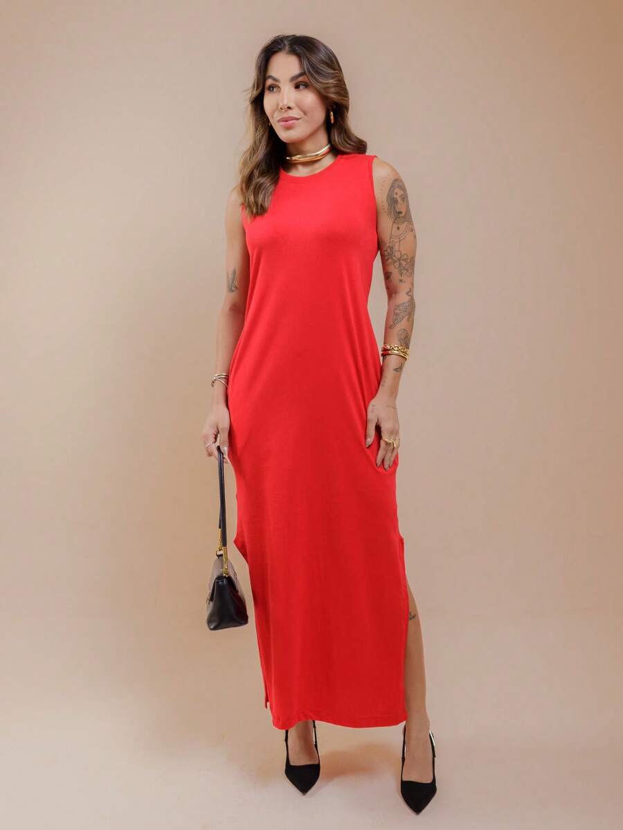 Long Dress With Slits And Pockets 100% Cotton - 紅色 - 查看 1